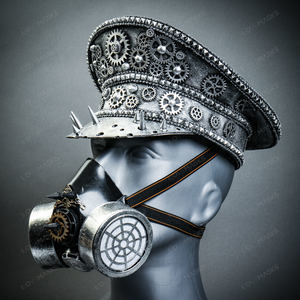 Metallic Silver Steampunk Captain Cap w/ Silver Party Gas mask Halloween Costume
